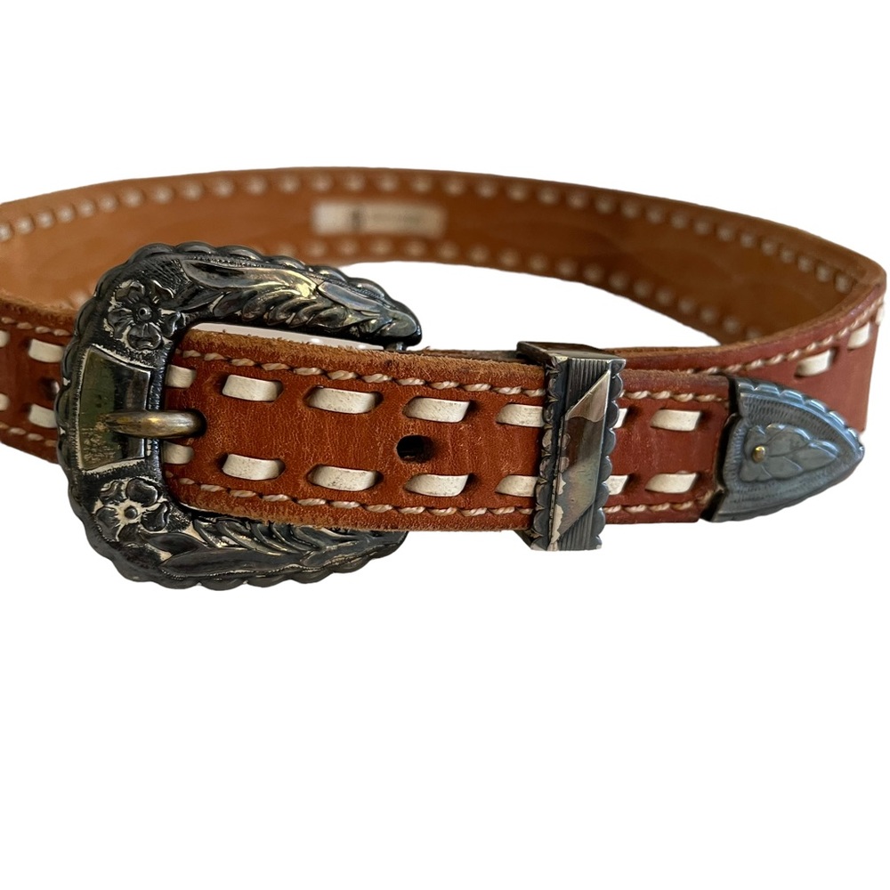 Gilles Herve Paris Brown Leather Belt with Cream Lacing and Detailed Buckle